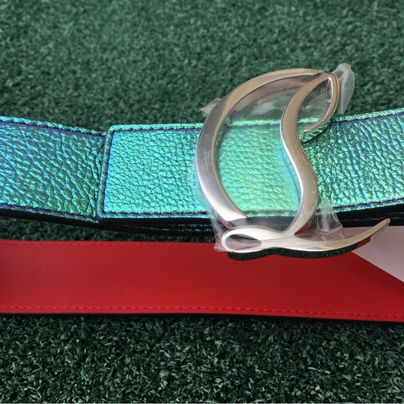 New Christian Louboutin Logo Buckle Iridescent Leather Belt Rainbow Silver 75 - Picture 7 of 16